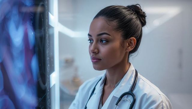 Female doctor examining illuminated diagnostic display in modern clinic with stethoscope