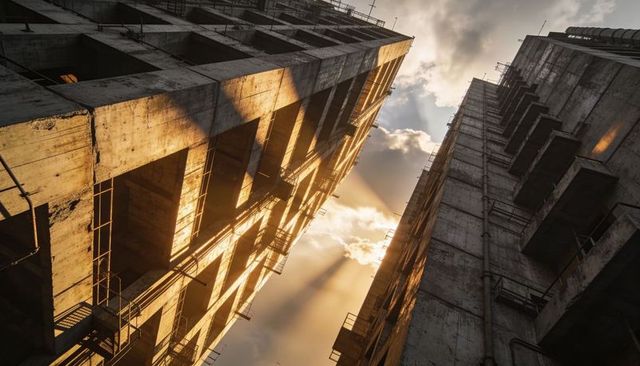 Sunlight framing unfinished concrete towers in urban construction canyon at golden hour