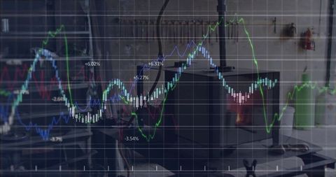 Animating multi-line financial analytics graph over industrial bench stove visualization