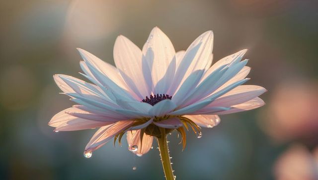 Backlit pastel daisy macro with dew droplets, bokeh glow, delicate petals, purple center