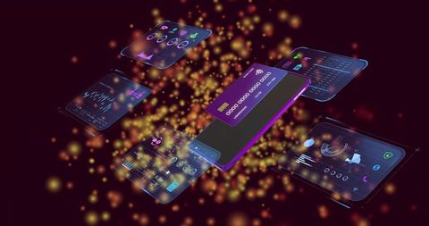 Displaying futuristic mobile payment hub with holographic card and floating panels