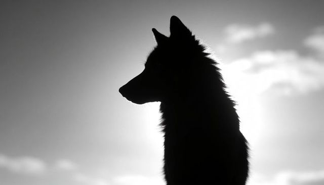 Backlit canine silhouette with sun halo and soft clouds evoking wild mystery monochrome