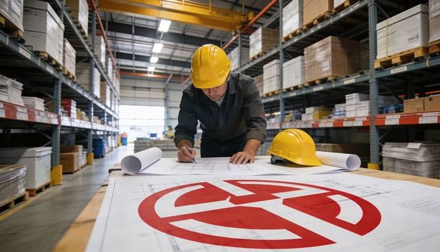 Warehouse engineer leaning over blueprint marking logistics plan with yellow safety helmet