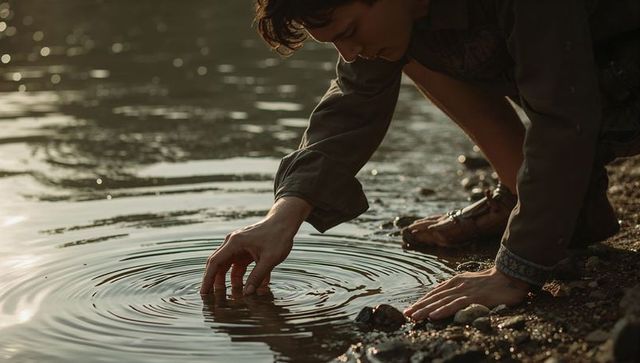 Crouching young man touching calm lake water creating concentric ripples on pebble shore