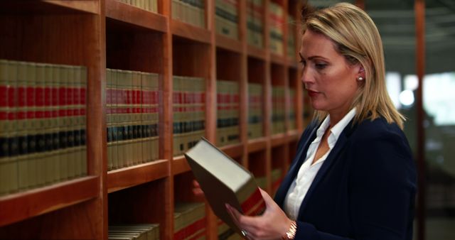 A professional Caucasian woman, a lawyer or researcher, is examining a book in a library or legal archive, with copy space. Her focused expression and formal attire suggest she is engaged in serious research or legal work.
