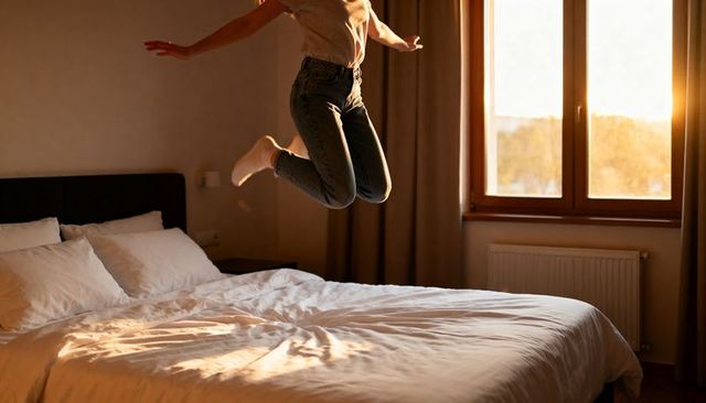 Jumping woman wearing light top and high-waisted jeans on sunlit bed, playful morning energy