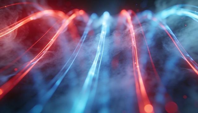 Glowing red and blue light trails curving upward through misty futuristic neon motion