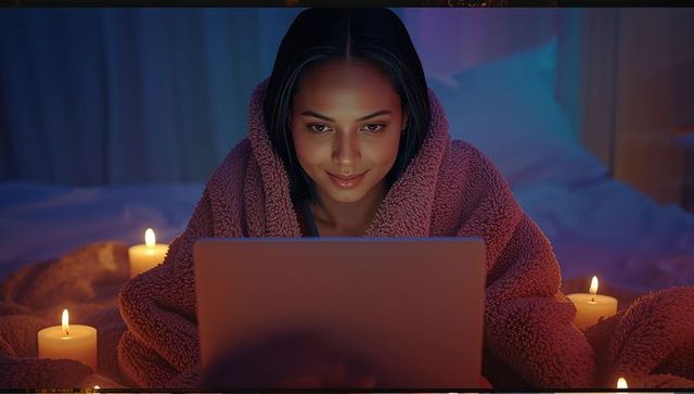 Woman Working in Cozy Bedtime Ambiance with Warm Candlelight
