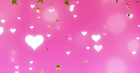 Dreamy pink background glowing hearts falling gold stars sparkling bokeh for valentine design