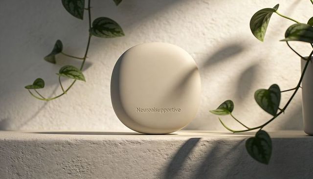 Pebble-shaped smart hub on sunlit textured ledge surrounded by trailing vines