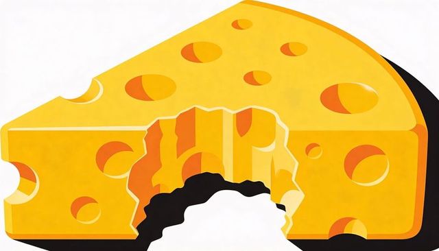 Bright swiss cheese wedge featuring bite mark and bold shadow, flat vector illustration