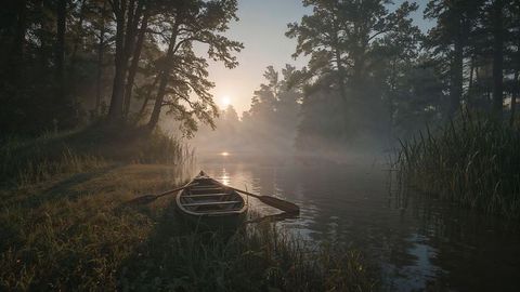 Tranquil Morning on Misty Lake with Wooden Canoe and Sunrise