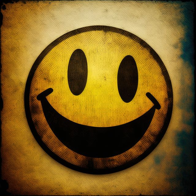 A vibrant yellow smiley face icon with a grungy, distressed texture set against a worn background. This image is ideal for use in retro-themed designs, adding a touch of vintage flair to graphic projects, social media posts, or as a prominent element in promotional materials emphasizing positivity and happiness.