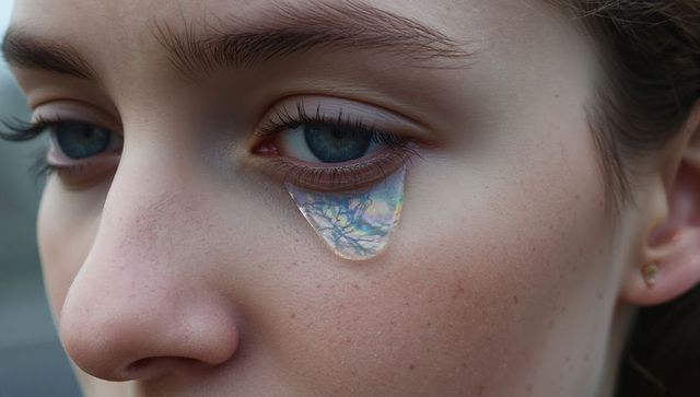 Closeup portrait young woman with holographic tear reflecting tree branches