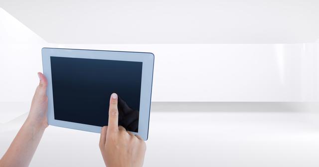 Digital composite of Hand touching tablet with 3D futuristic background