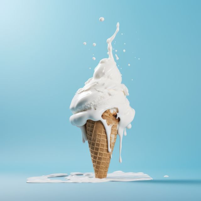 Vanilla ice cream in cone on blue background, created using generative ai technology. Dessert, flavour, colours and food concept digitally generated image.