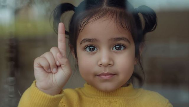 Gazing child pressing index finger on glass window wearing mustard sweater, closeup portrait