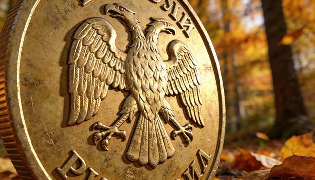 Brass medallion with double-headed eagle and cyrillic lettering on sunlit autumn forest floor
