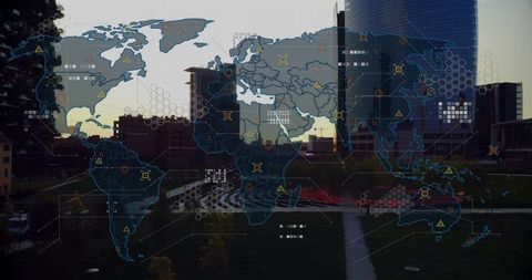 Smart City Concept with Digital World Map Overlay at Dusk