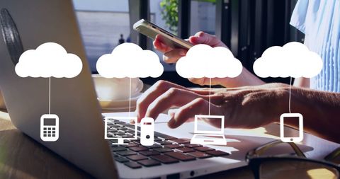 Woman Using Laptop with Cloud Technology Icons Overlay - Download Free Stock Images Pikwizard.com
