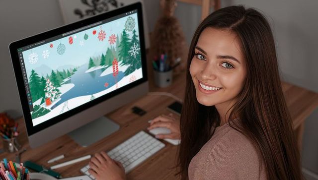 Smiling woman designing holiday-themed screen in artistic workspace