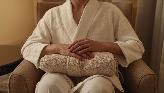 Wellness moment: woman in textured white robe resting on plush towel in cozy chair