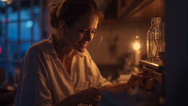Smiling woman cooking at home stirring pot by warm lamp light during cozy dusk evening