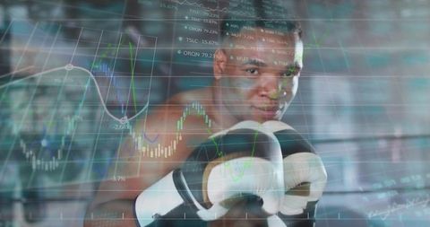 Boxer with cryptocurrency data overlay, symbolizing power and strategy