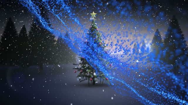 Illustrating a magical winter scene where a decorated Christmas tree stands amidst falling snow. Blue mesh adds a digital artistic touch, enhancing the serenity and festive atmosphere. Ideal for use in holiday-themed digital greetings, festive wallpaper, or animated winter stories.