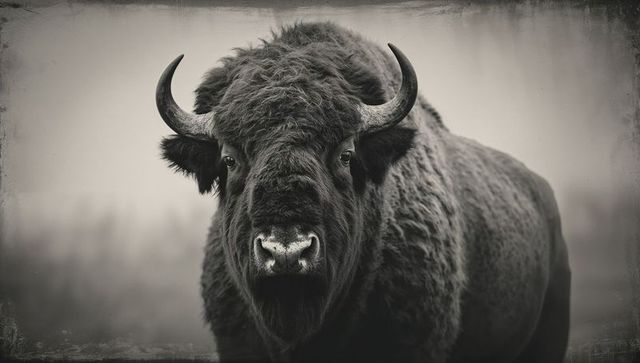 Monochrome bison portrait staring through misty grassland showing curved horns and mane