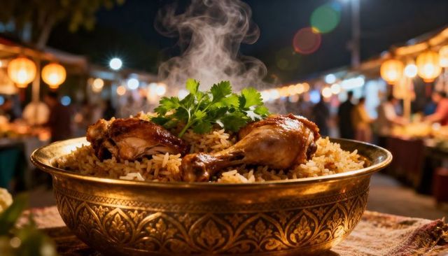 Steaming spiced rice with roasted chicken drumsticks in ornate brass bowl at night market