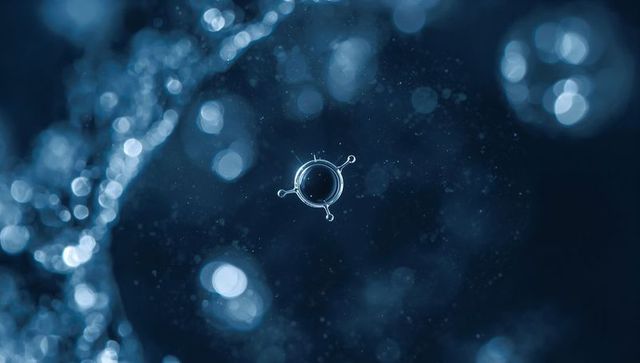 Spherical water droplet with three crown arms and bokeh, macro blue liquid sphere