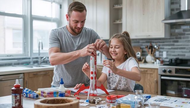 Father and daughter crafting rocket model at home: bonding and creativity
