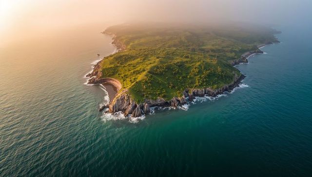 Sunlit rocky peninsula jutting into turquoise sea with sandy cove and grassy headland