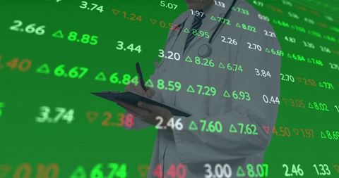 Physician analyzing financial data overlay holding clipboard and wearing stethoscope