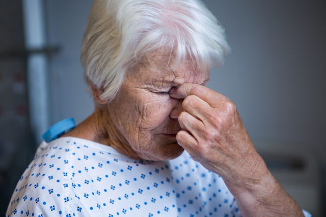 Elderly woman in hospital gown showing signs of stress or discomfort. Useful for topics on elderly care, healthcare challenges, medical conditions, patient experiences, and hospital environments.