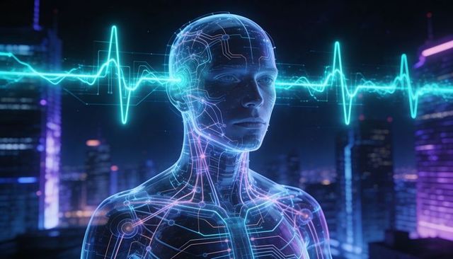 Androgynous android showing glowing neural circuitry and cyan ecg waveform over cityscape