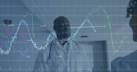 Doctor analyzing medical data with line chart overlay for patient consultation