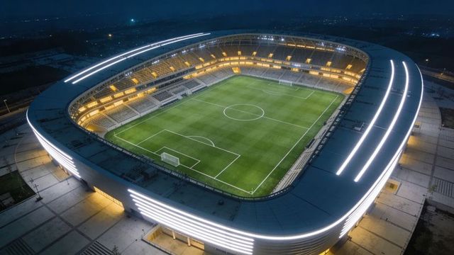 Glowing modern football stadium at night, aerial view of illuminated pitch and led exterior