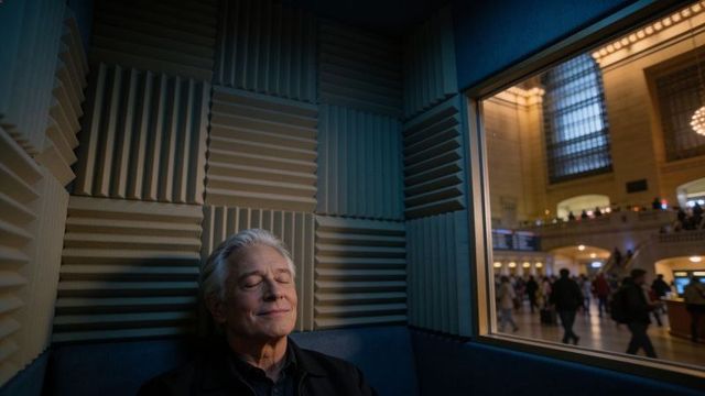 Mature man resting in acoustic booth overlooking busy train station concourse calm