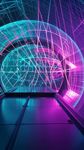Gliding Through Neon Portal: Vertical Tunnel Moving Toward Shifting Cyber Grid
