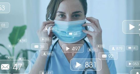 Nurse Adjusting Mask While Digital Notifications Pop Up