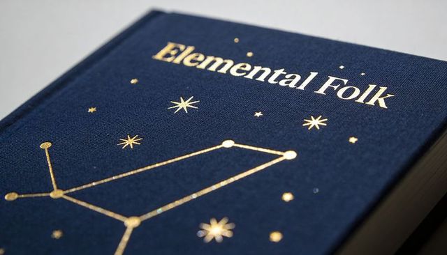 Navy cloth hardcover book with gold foil constellation and elemental folk title