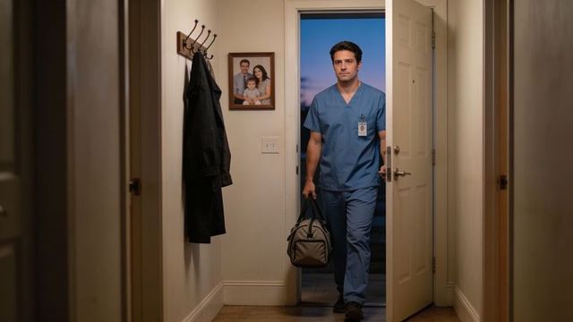 Male nurse returning home at dusk wearing scrubs and id badge carrying duffel bag