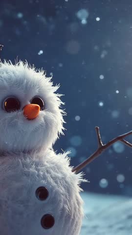 Vertical winter video panning from snowman head to twig arm with falling snow and night bokeh