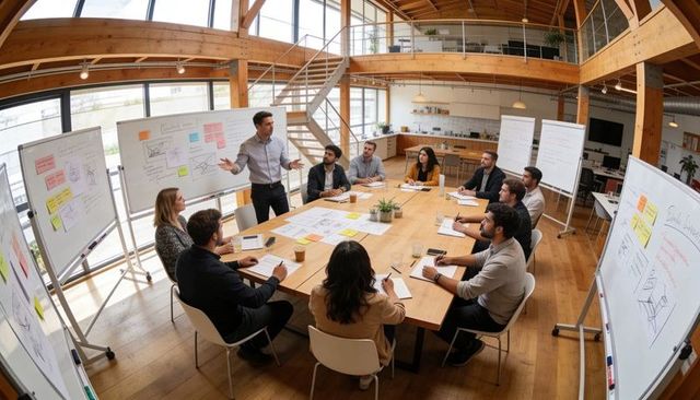 Leader presenting strategy at team brainstorming table in sunlit open-plan office