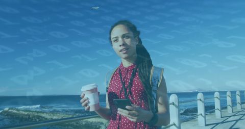 Woman on Promenade Using Smartphone with Digital Numbers Overlay