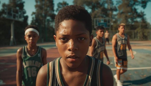 Focused Young Basketball Player on Outdoor Court