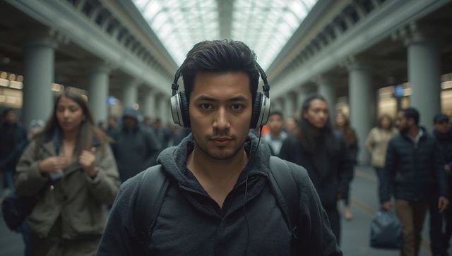 Asian commuter wearing over-ear headphones walking through skylit train station
