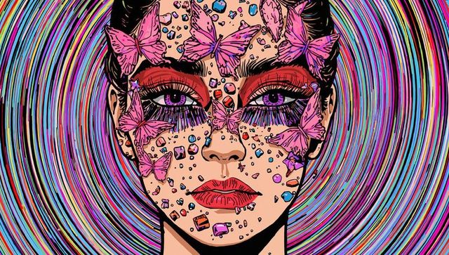 Kaleidoscopic butterfly glam portrait with neon makeup and gem accents